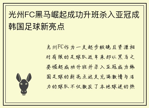 光州FC黑马崛起成功升班杀入亚冠成韩国足球新亮点 光州FC黑马崛起成功升班杀入亚冠成韩国足球新亮点